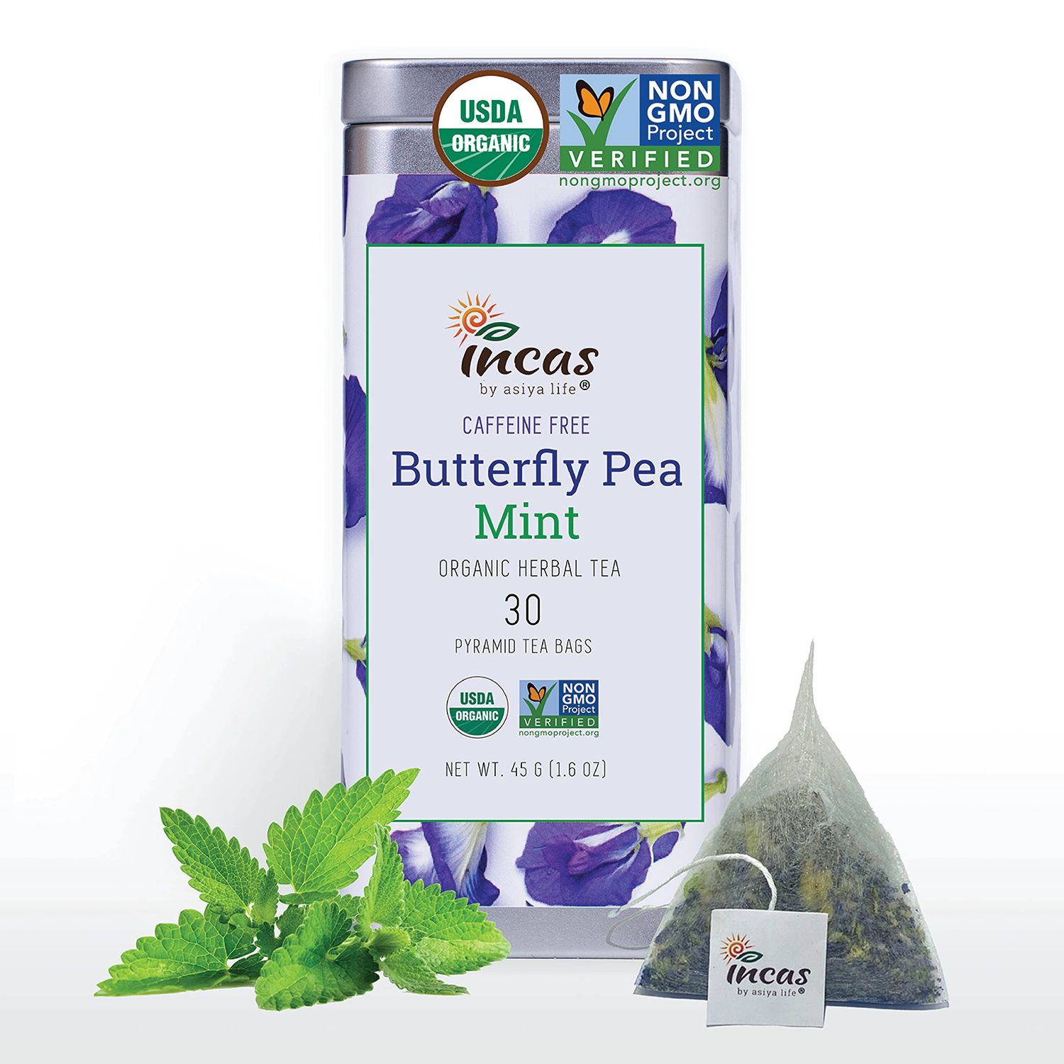 Incas 100% USDA Organic Butterfly Pea Flower 30 Tea Bags Non GMO Verified Caffeine Free Fresh Harvest From Thailand Rich in Antioxidants (Mint)