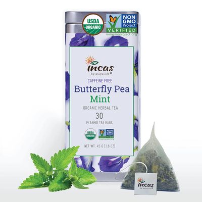 Incas 100% USDA Organic Butterfly Pea Flower 30 Tea Bags Non GMO Verified Caffeine Free Fresh Harvest From Thailand Rich in Antioxidants (Mint)