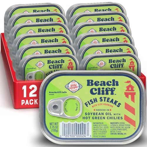 Beach Cliff Wild Caught Fish Steaks in Soybean Oil with Hot Green Chilies, 3.75 oz Can (Pack of 12) - 16g Protein per Serving - Great for Pasta &amp; Seafood Recipes