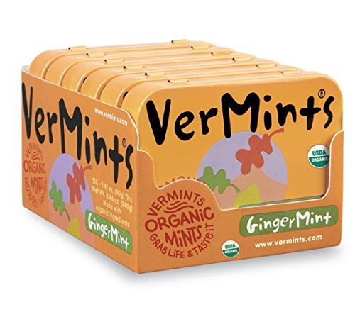 Organic Breath Mints by VerMints, GingerMint Flavor, All Natural, Non-GMO, Nut Free, Gluten Free, Vegan, KSA Kosher, Pack of 6, 1.41oz Tins