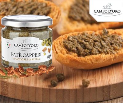 Caper Pat Spread or Dip, 6.34 oz 180g. Spreadable Caper &amp; Almond Puree, Sandwich Spread, Non-GMO, Product of Italy, Campo D'Oro