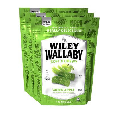 Wiley Wallaby Licorice 10 Ounce Classic Gourmet Soft &amp; Chewy Australian Green Apple Licorice Candy Twists, 3 Pack