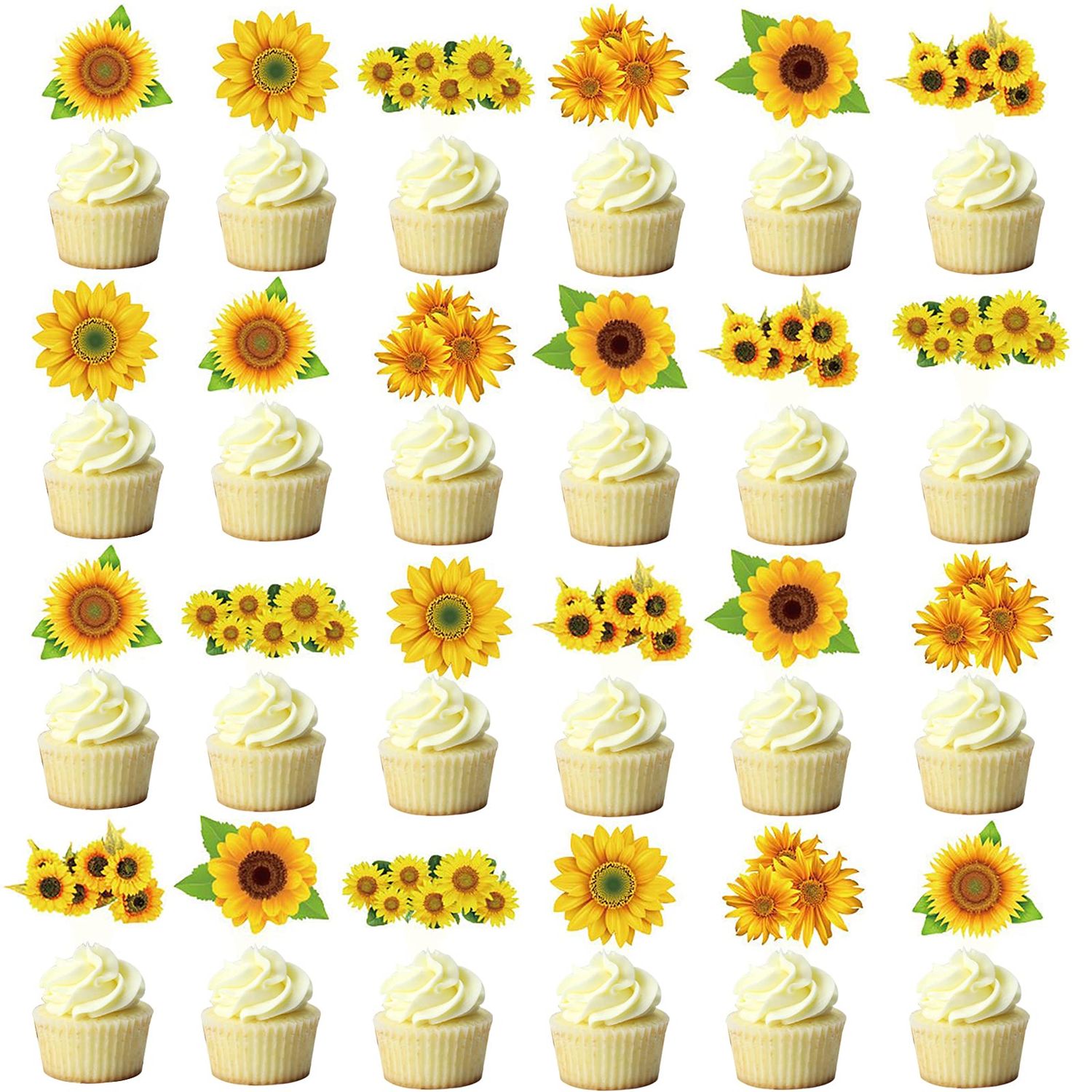 Fenghu 48 Pcs Sunflower Cupcake Toppers for Sunflower Birthday Party Decorations Supplies