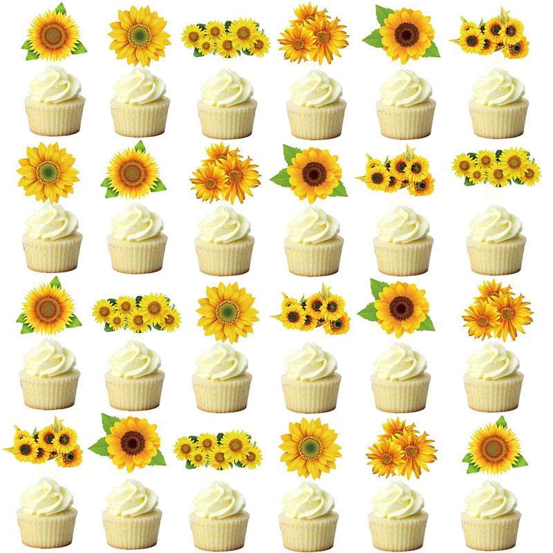 Fenghu 48 Pcs Sunflower Cupcake Toppers for Sunflower Birthday Party Decorations Supplies