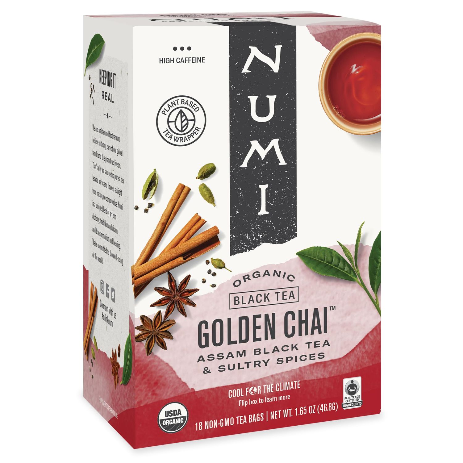 Numi Organic Golden Chai Tea, 18 Tea Bags, Assam Black Tea, Cardamom, Ginger &amp; Anise (Packaging May Vary)
