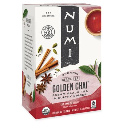 Numi Organic Golden Chai Tea, 18 Tea Bags, Assam Black Tea, Cardamom, Ginger &amp; Anise (Packaging May Vary)
