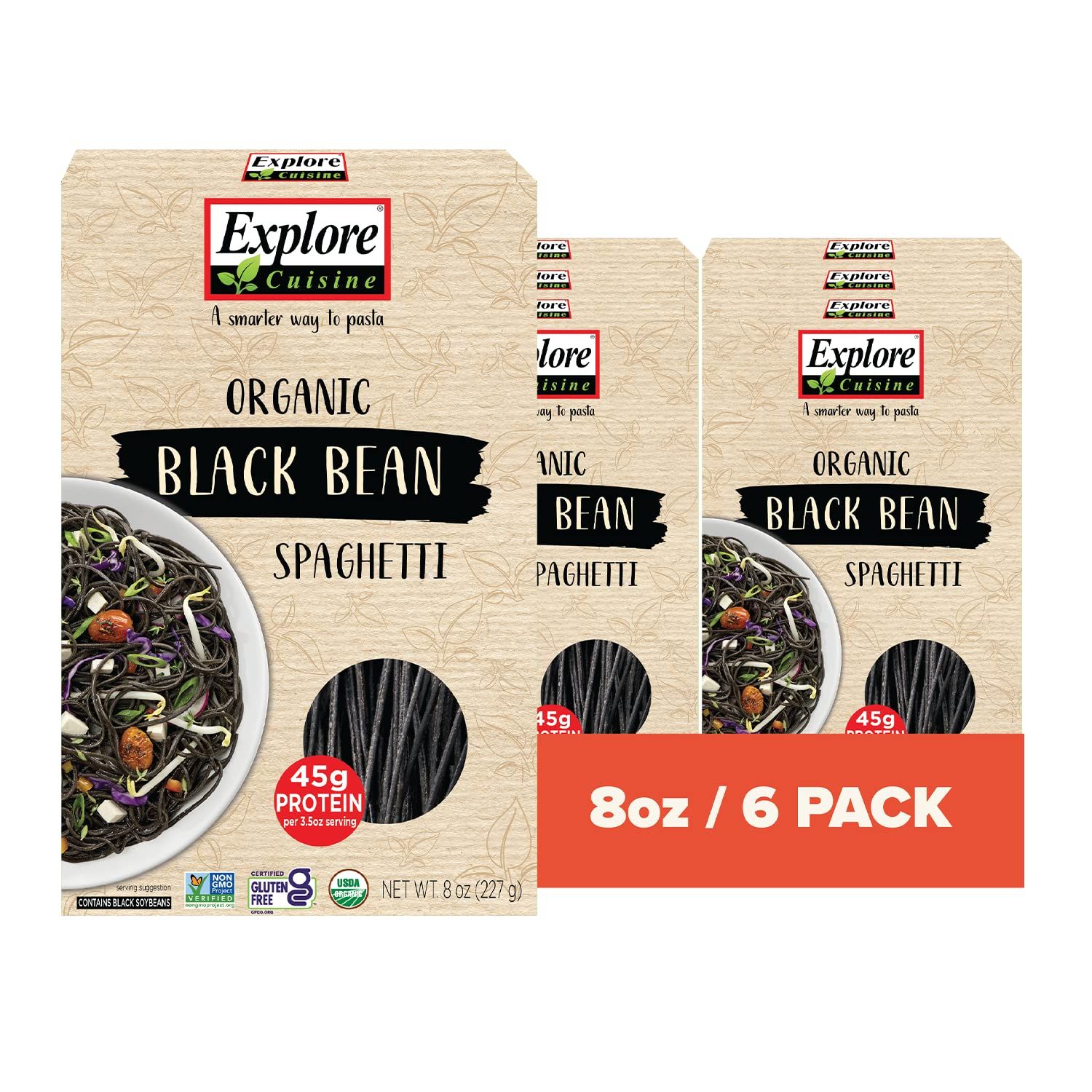 Explore Cuisine Organic Black Bean Spaghetti - Pack of 6 (8 oz) - Easy-to-Make Gluten Free Pasta - High in Plant Protein &amp; Fiber - Vegan, Keto Friendly, Non-GMO, Kosher - 24 Total Servings
