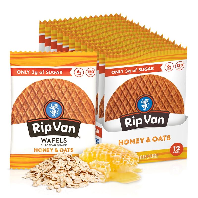 Rip Van Wafels Honey and Oats Stroopwafels, Healthy Snacks, Non-GMO, Keto Friendly, Office Snacks, Low Sugar (3g), Low Calorie, 12 Pack