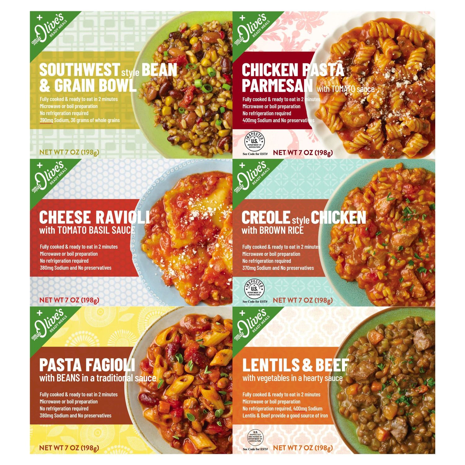 Miss Olive&#39;s Variety Pack Microwavable Ready to Eat Lower Sodium Ready Meals (Bundle of 6)-1 of each flavor
