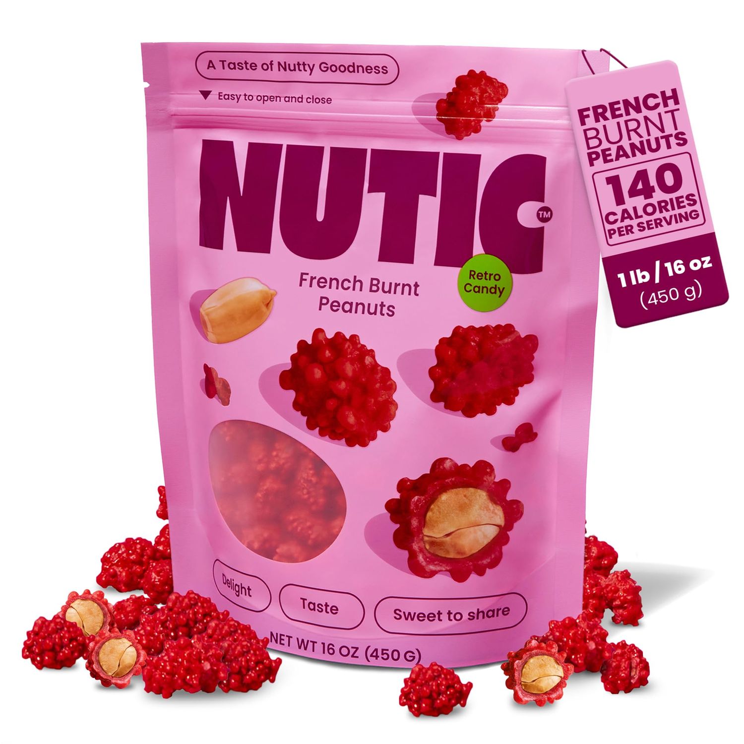 Nutic French Burnt Peanuts Candy - 1 Lb - Crunchy, Sweet Candied Coating with Roasted Peanut Center - Festive Red Holiday Snacks in Bulk for Christmas and New Year Gifts - Deliciously Crunchy Nuts