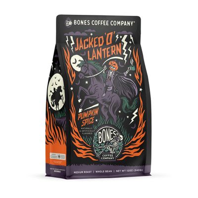 Bones Coffee Company Jacked O&#39; Lantern Ground Coffee Beans Pumpkin Spice Flavor, Low Acid Flavored Coffee, Made with Arabica Coffee Beans, Medium Roast Gourmet Coffee, Coffee Lover Gift Ideas (12 oz)