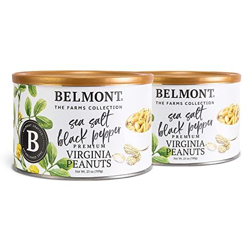 Belmont Peanuts Gourmet Sea Salt and Black Pepper Flavored Virginia Peanuts, 25 oz (2 Pack) - Only 4 Simple Ingredients, No Preservatives, 7g Protein - Salty, Peppery, Crunchy, Hand Seasoned Snack