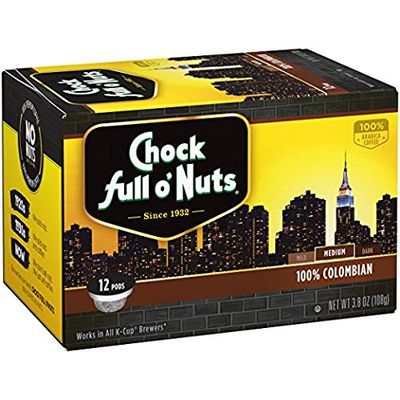 Chock Full o&#39;Nuts 100 Percent Colombian Medium Roast Coffee, Single Serve Cups, 36 Count