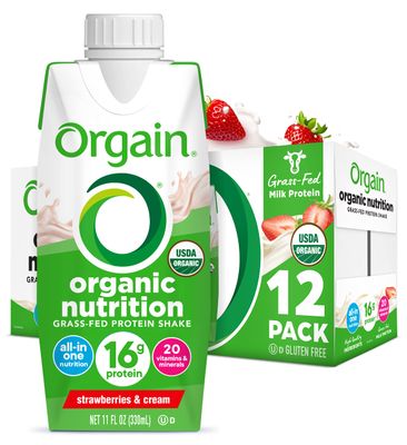 Orgain Organic Nutritional Protein Shake, Strawberries &amp; Cream - 16g Grass Fed Whey Protein, Meal Replacement, 20 Vitamins &amp; Minerals, Fruits &amp; Vegetables, Gluten Free, Non-GMO, 11 Fl Oz (12 Pack)