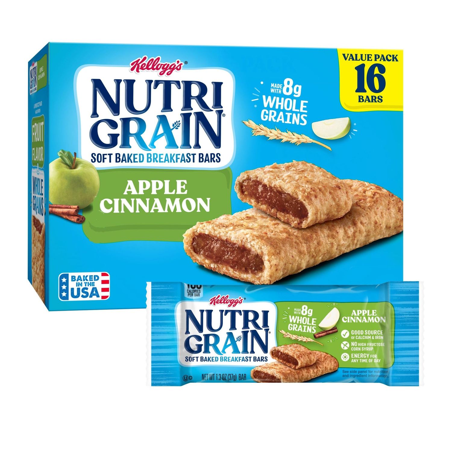 Nutri-Grain Soft Baked Breakfast Bars, Made with Whole Grains, Kids Snacks, Value Pack, Apple Cinnamon, 20.8oz Box (16 Bars)- Pack of 3