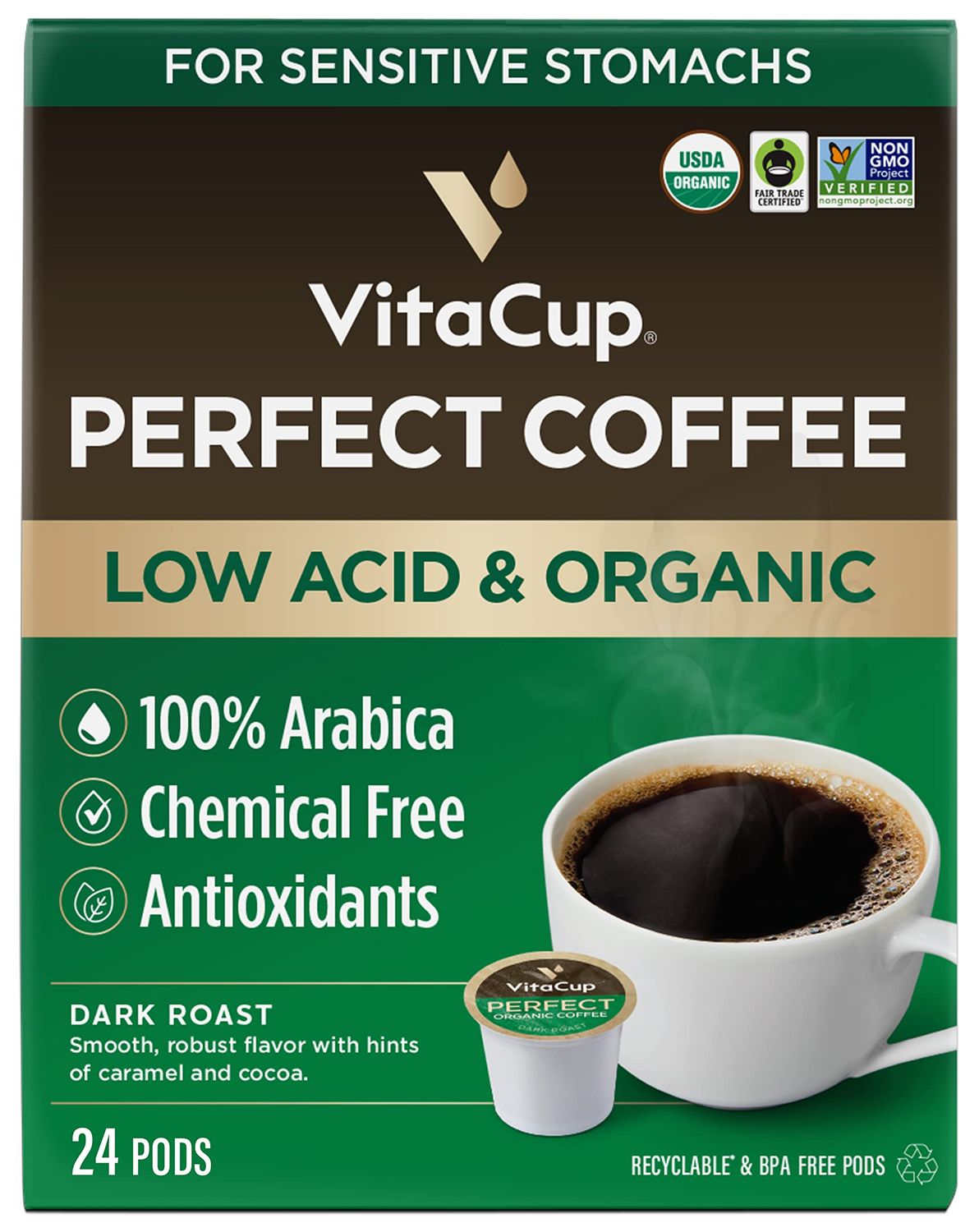 VitaCup Perfect Low Acid Coffee Pods, USDA Organic &amp; Fair Trade, Mycotoxin Free, Dark Roast Guatemala Single Origin, Clean &amp; Pure Recyclable Single Serve Pod compatible w/Keurig K-Cup Brewers,24 CT