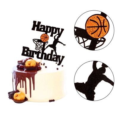Unimall Basketball Happy Birthday Cake Topper Basketball Scene Themed Cake Fruit Picks for Man Boys Father Birthday Event Party Supply Black Glitter Decorations 1 Pack