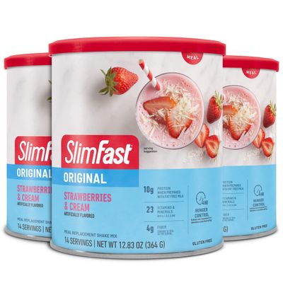 SlimFast Meal Replacement Powder, Original Strawberries &amp; Cream, Weight Loss Shake Mix, 10g of Protein, 14 Servings (Pack of 3) (Packaging May Vary)