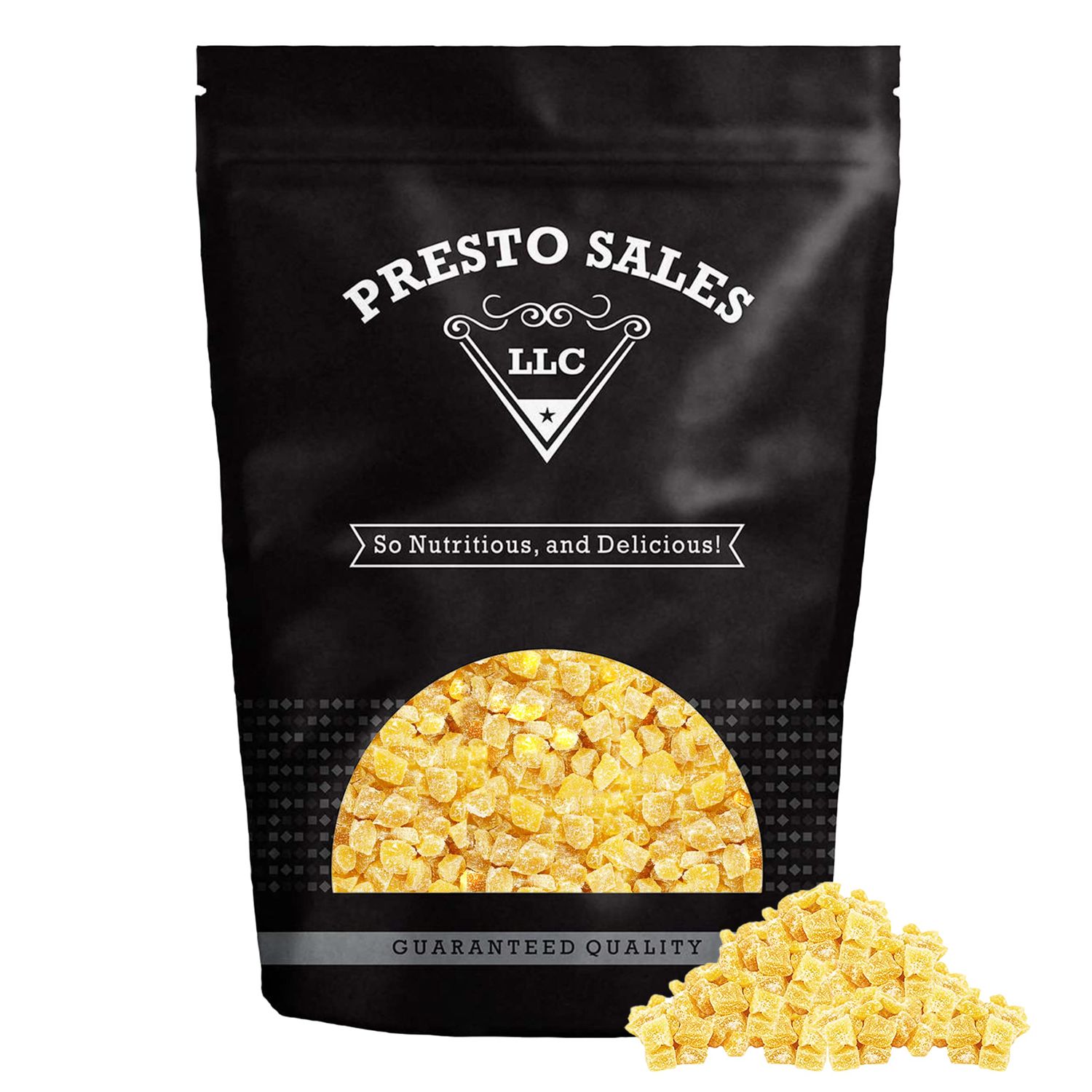 Presto Sales Crystallized Ginger Pieces 112 oz | Unsulphured Dried Candied Ginger 3-5 mm Pieces | All Natural, Non-GMO | Relieve Nausea, Motion or Morning Sickness | Resealable 7 lbs Pouch Bag