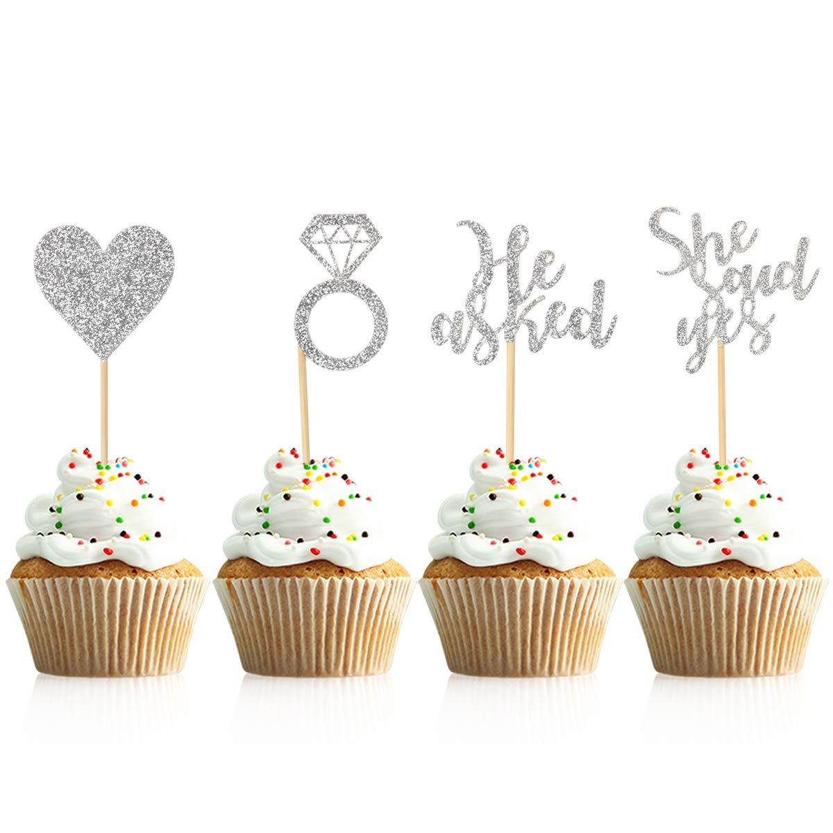Donoter 48 Pcs Silver He Asked She Said Yes Cupcake Toppers Diamond Ring Heart Cake Picks for Wedding Engagement Party Cake Decorations