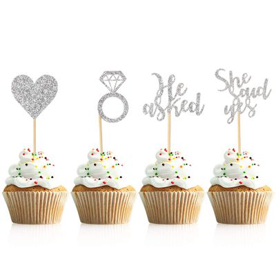 Donoter 48 Pcs Silver He Asked She Said Yes Cupcake Toppers Diamond Ring Heart Cake Picks for Wedding Engagement Party Cake Decorations