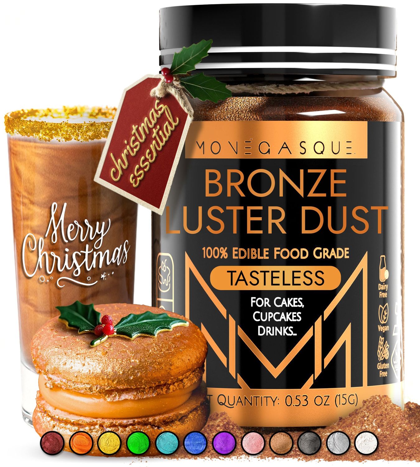 MONGASQUE Bronze Edible Lustre Dust for Drinks &amp; Desserts 15g - Food Colour Dust for Cake Decorating &amp; Chocolates - No Gluten or Dairy - Vegan Lustre Dust Champagne Shimmer &amp; Edible Glitter