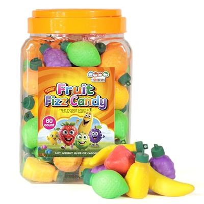 60 Fruit Shaped Fizzy Candy Powder, With Hanging Hole Caps for Decorative Stringing, Fun and Unique 90s Retro Candy, Gluten Free &amp; Nut Free, by 4YoreElves