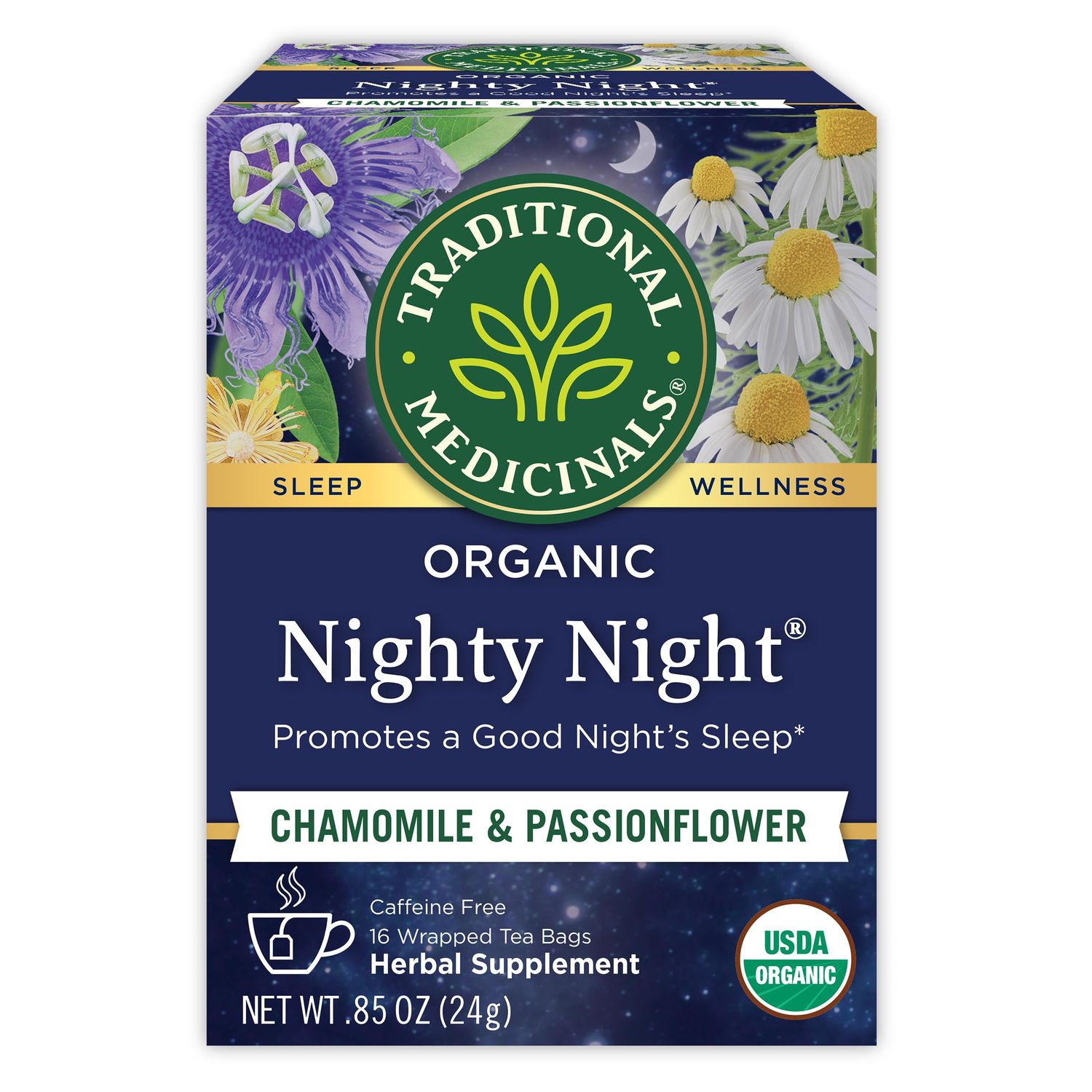 Traditional Medicinals Organic Nighty Night with Passionflower Herbal Tea, Promotes a Good Nights Sleep, (Pack of 1) - 16 Tea Bags