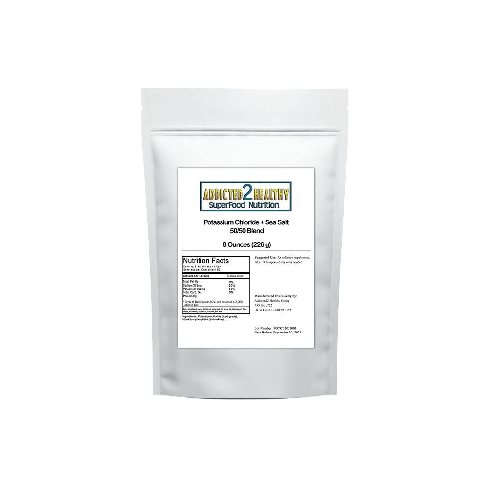 Potassium Chloride + Sea Salt 50/50 Blend [8 oz] by Addicted 2 Healthy | 50% Less Sodium, Healthy Salt Substitute