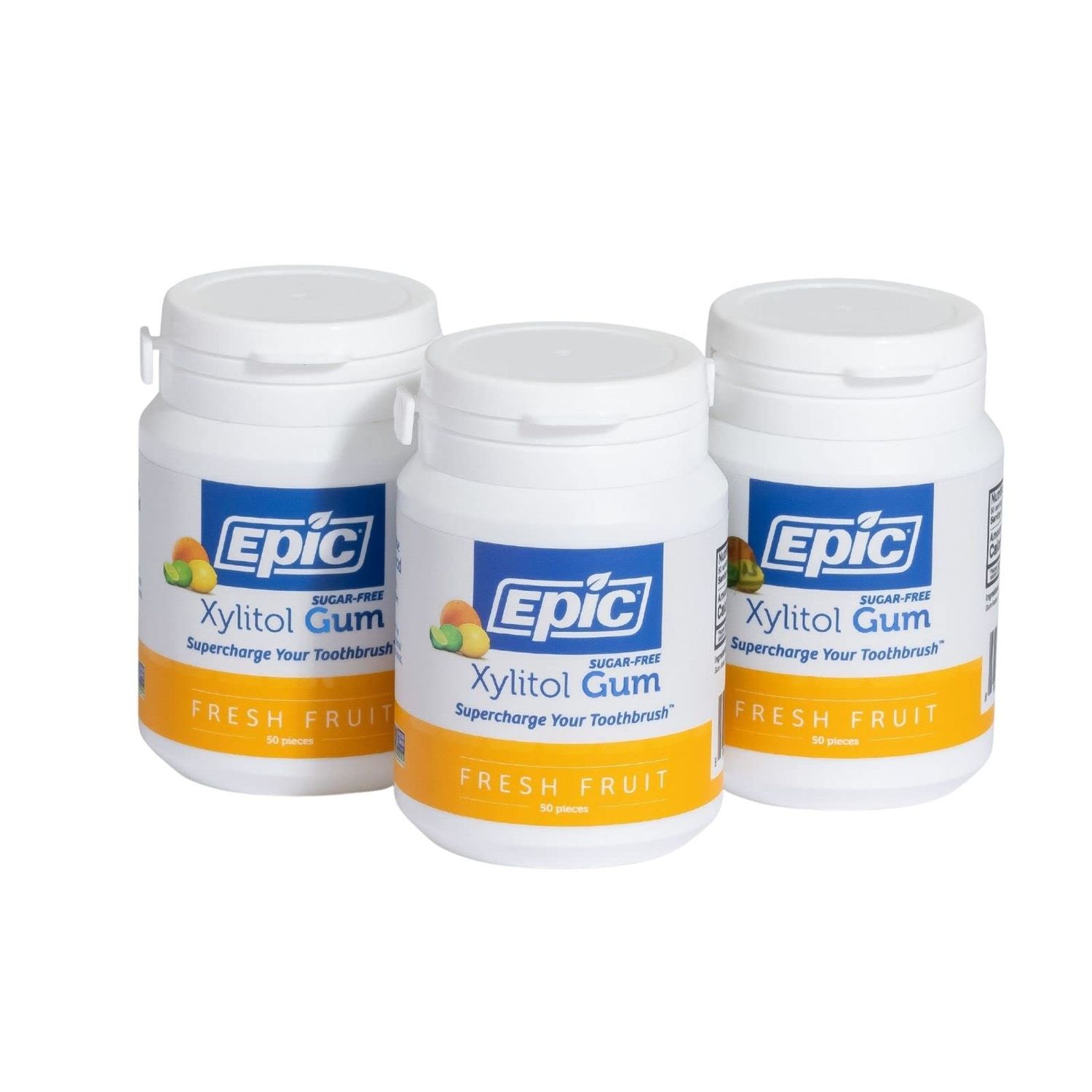 Epic Xylitol Chewing Gum - Sugar Free &amp; Aspartame Free Chewing Gum Sweetened w/Xylitol for Dry Mouth &amp; Gum Health (Fresh Fruit, 50-Piece Bottle, 3 Bottles)