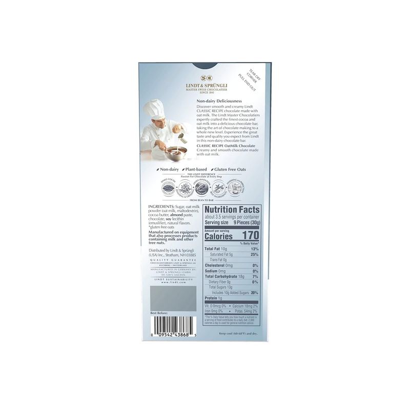 Lindt CLASSIC RECIPE OAT MILK Plain Chocolate Bar, 3.5 oz.