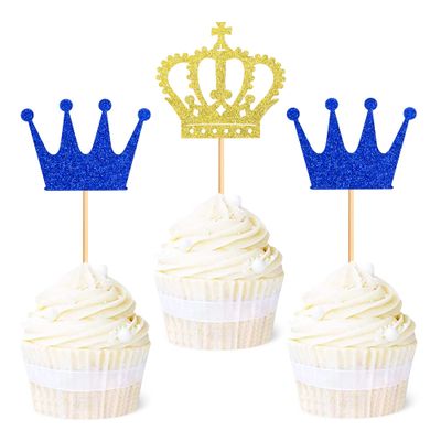 Ercadio 24 Pack Crown Cupcake Toppers Prince and Princes Royal Crown Cupcake Picks King Queen Crown Cupcake Decors for Prince Crown Theme Baby Shower Party Decoration Supplies