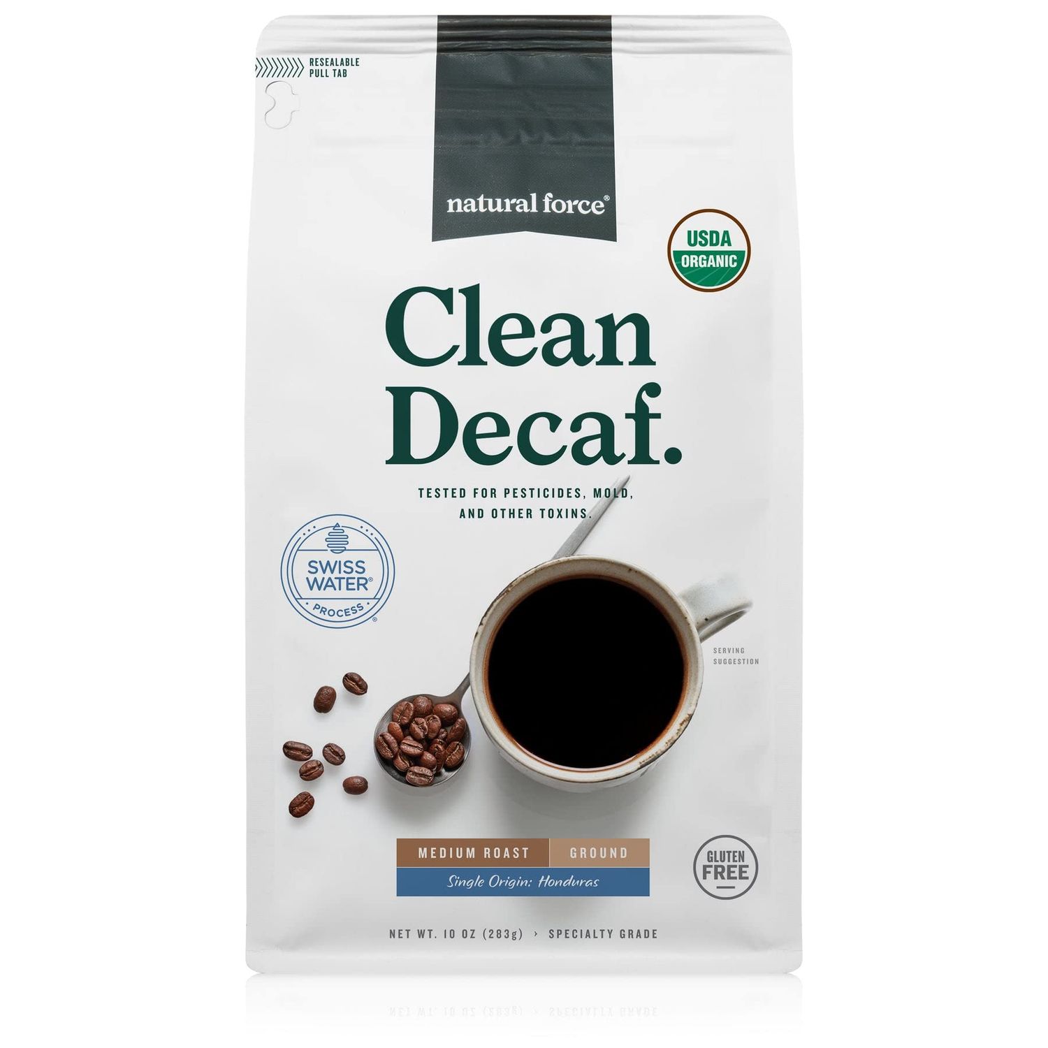 Natural Force - Organic Clean Decaf Coffee, Mold &amp; Mycotoxin Free, Lab Tested for Toxins &amp; Purity, Low Acidity, Incredible Taste &amp; Aroma, Ground Swiss Water Decaf Medium Roast, 10 oz