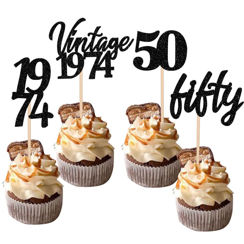 24 PCS Vintage 1974 Cupcake Toppers Cheers to 50 Fabulous Fifty Cupcake Picks 50th Birthday Wedding Anniversary Party Cake Decorations Supplies Black