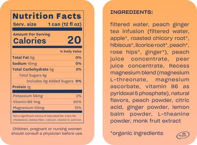 Recess Mood Magnesium &amp; Adaptogen Drink, Relaxation Beverage, 12 ounce (Peach Ginger, 12 pack)