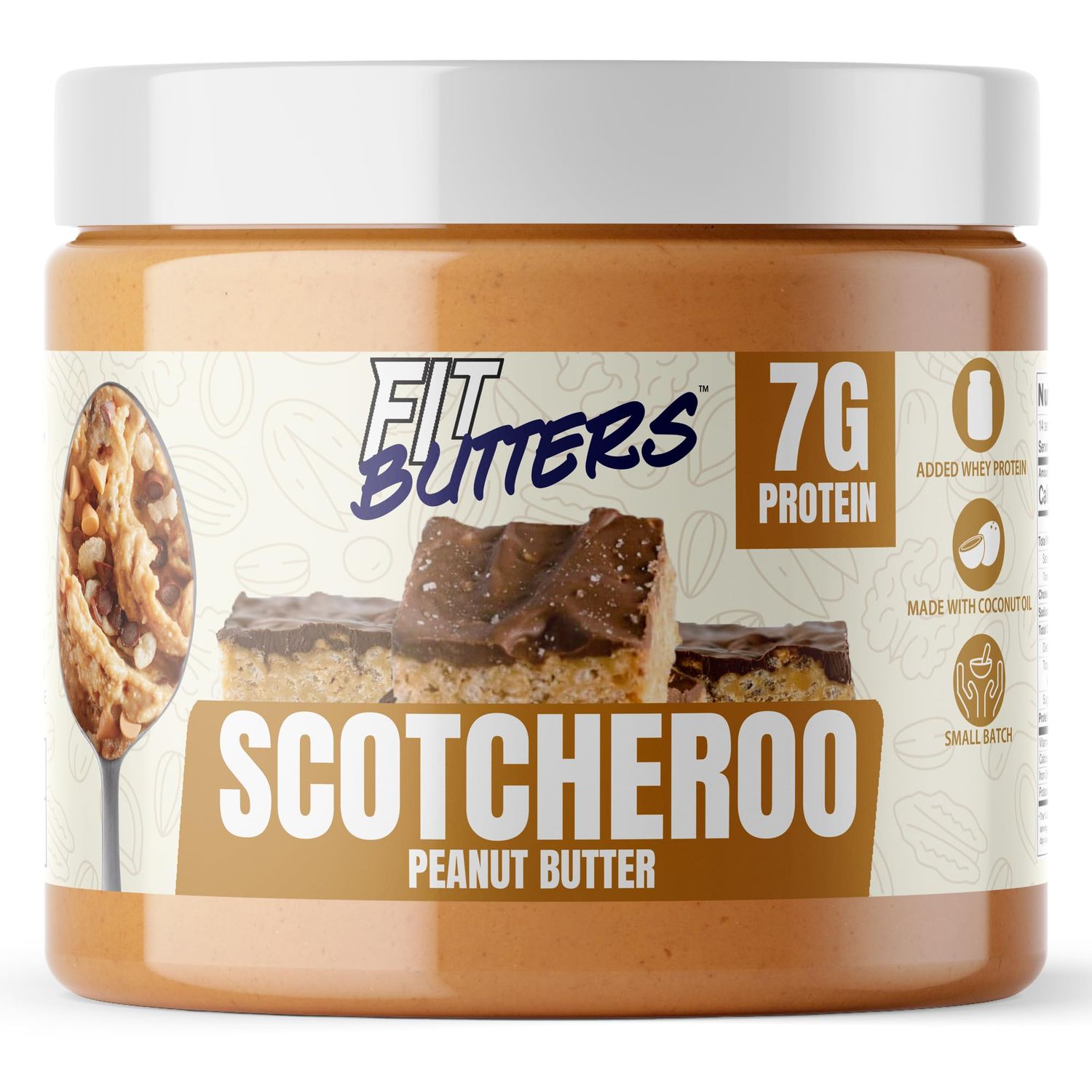 Fit Butters Scotcheroo Peanut Butter Spread - Added Protein and Coconut Oil, Low Carb, Low Sugar, Complete Protein Dessert Flavored Nut Butter