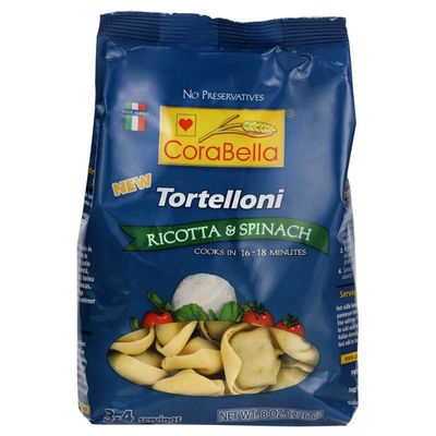 Corabella Ricotta &amp; Spinach Fresh Pure Cheese Tortellini Pasta with Eggs, Gouda, Mozzarella Cheese, Sunflower Oil, Whey Powder - Protein Pasta &amp; Spinach. Convenient Pack of 12 (8.8 Oz Each)