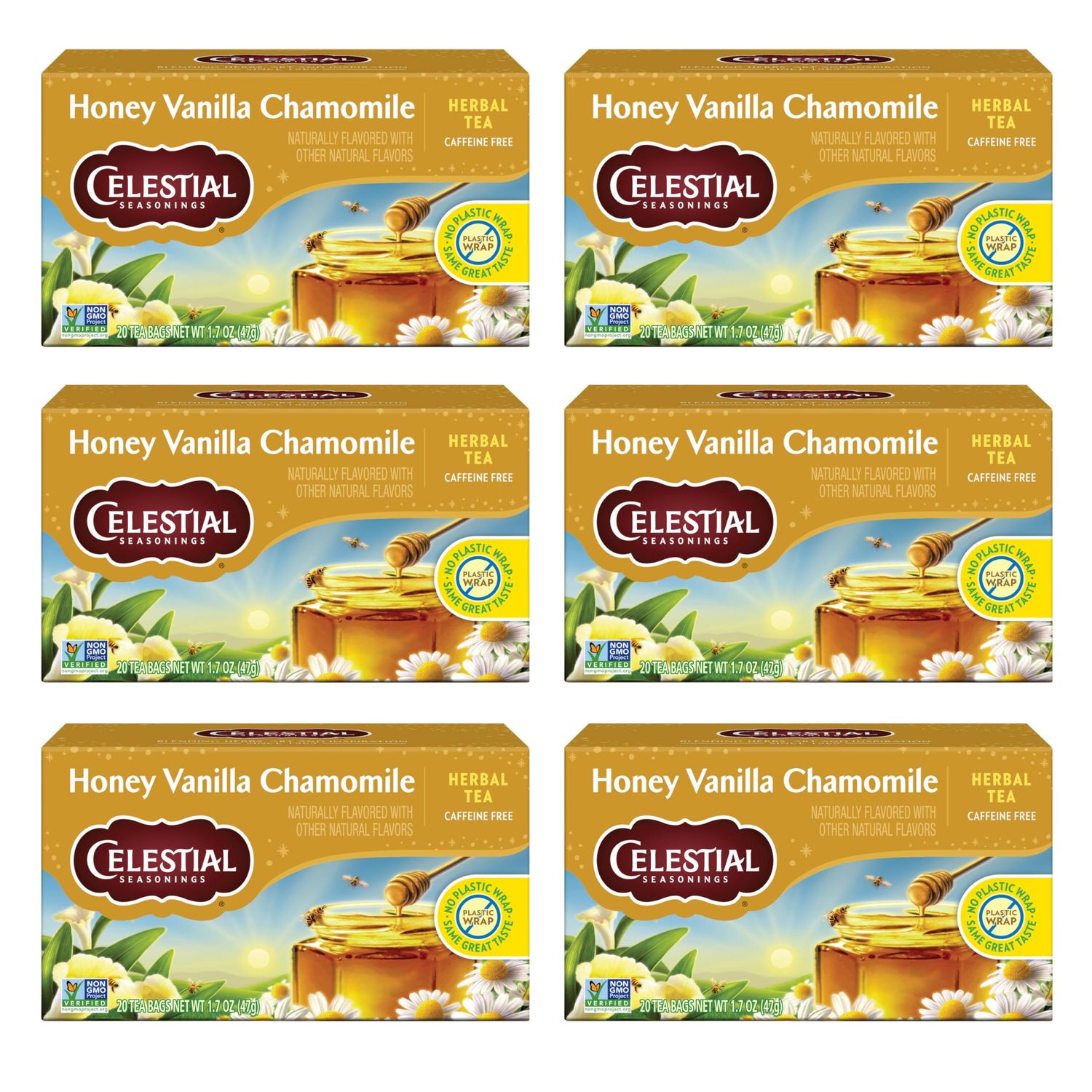 Celestial Seasonings Chamomile Tea Bags - Honey Vanilla Herbal Tea, Caffeine Free, 20 Bags Per Box (Pack of 6)