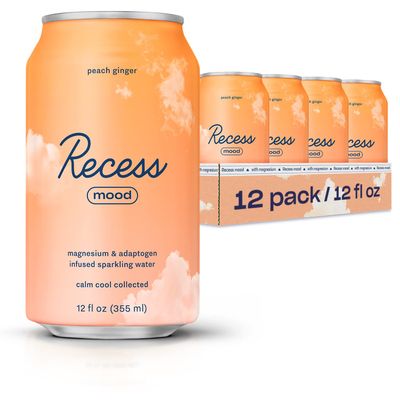 Recess Mood Magnesium &amp; Adaptogen Drink, Relaxation Beverage, 12 ounce (Peach Ginger, 12 pack)