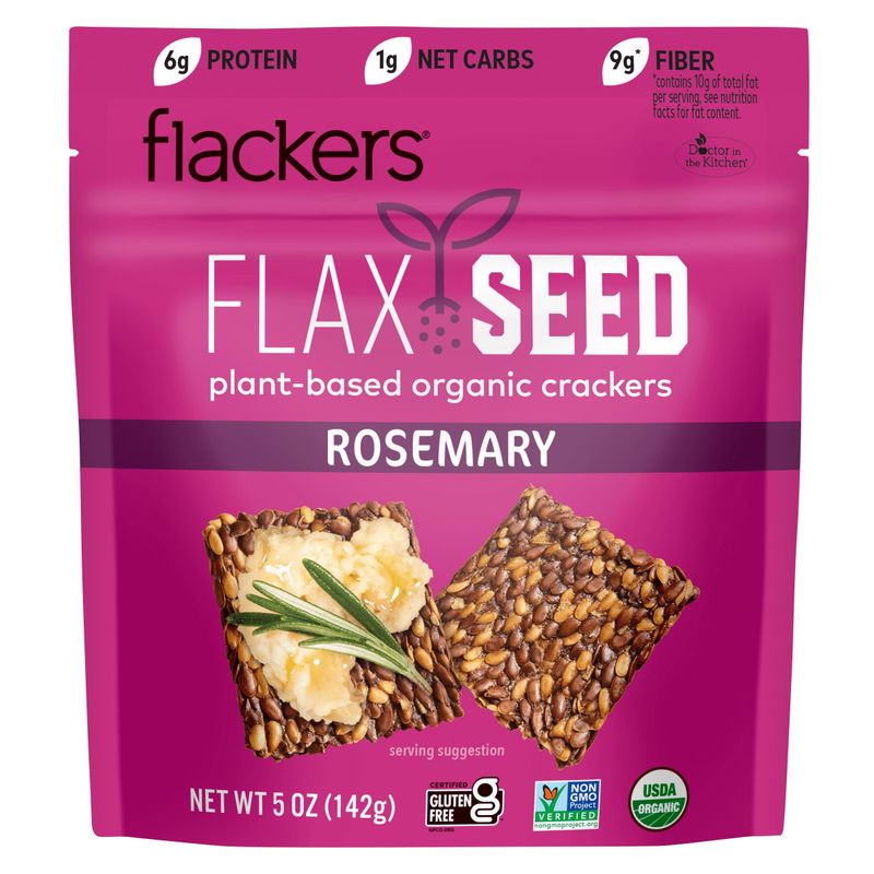 Flackers Organic Rosemary Flaxseed Crackers, Gluten Free, Non GMO, Vegan, Keto Snack, 9 Grams Fiber, 1 Net Carb,5 Ounce 6-Pack
