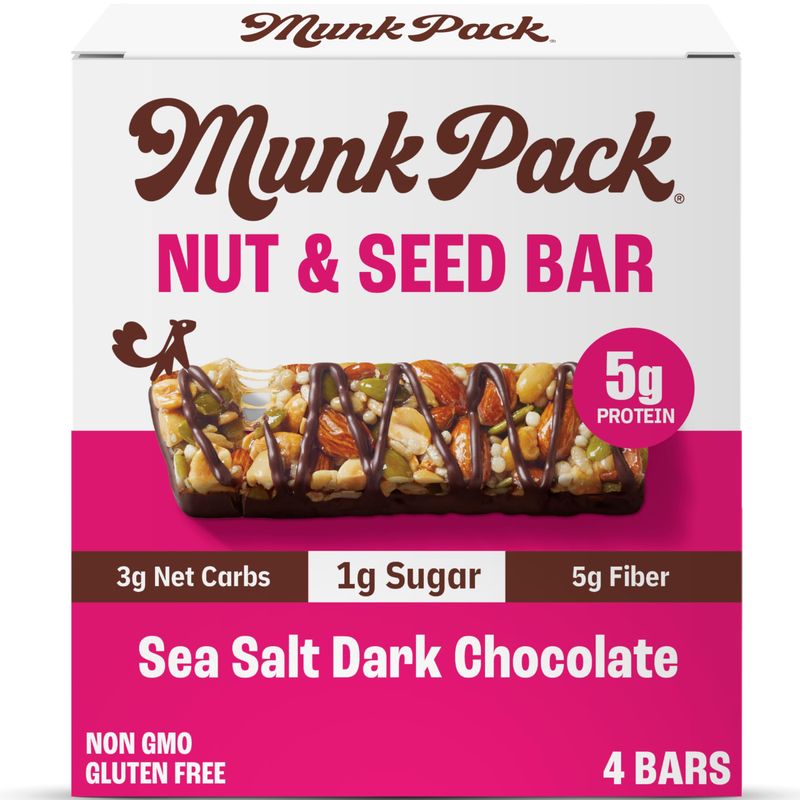 Munk Pack Keto Nut and Seed Bar Sea Salt Dark Chocolate Flavored, 4 Pack, Non GMO, Gluten Free, Keto Friendly, 4.92 Ounce (Pack of 6)