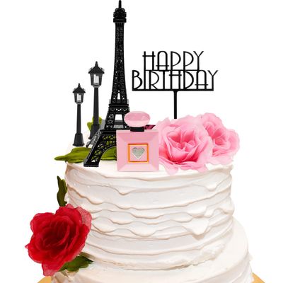 8 Pcs Paris Cake Topper Eiffel Tower Cake Topper with Happy Birthday Cake Topper Street Lamp Rose 7 Inch Eiffel Tower Party Decoration for Birthday Celebration Gift(Classic Color)