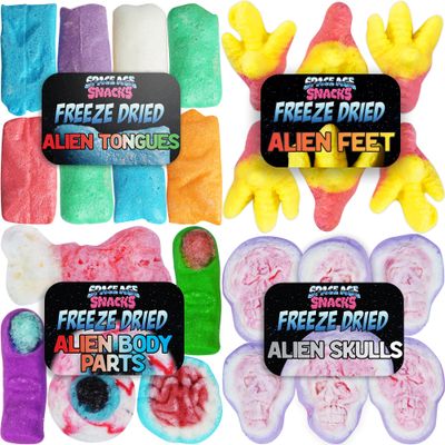 Freeze Dried Candy Variety Pack - Crashed UFO Pack with Airheads, Alien Feet, Skulls, and Alien Body Parts Shipped in Spaceship Box for Extra Protection (4 Pack)