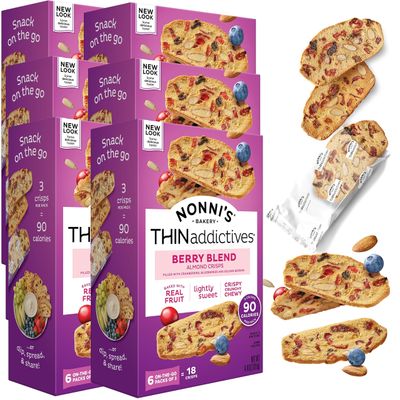 Nonni&#39;s THINaddictives Almond Thin Cookies - 6 Boxes Berry Blend Almond Cookies - Almond Cookie Thins w/Cranberries Blueberries Goldenberries Raisins Sunflower Seeds - Kosher - 4.4 oz