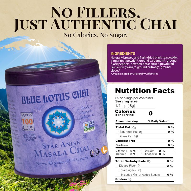 Blue Lotus Chai - Star Anise Masala Chai - Makes 100 Cups - 3 Ounce Masala Spiced Chai Powder with Organic Spices - Instant Indian Tea No Steeping - No Gluten