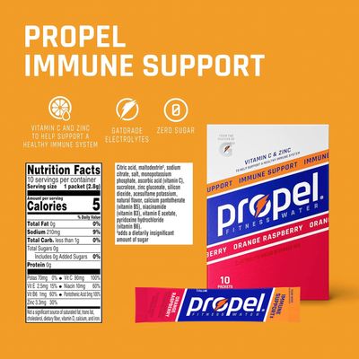 Propel Immune Support With Vitamin C + Zinc Powder Packets, Orange Raspberry,10 Count (Pack of 12)