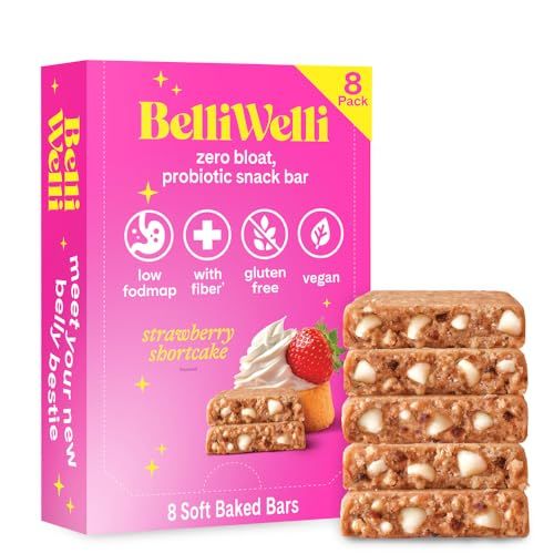 Belliwelli Soft Baked Probiotic Snack Bars | Gluten-Free, Dairy-Free, Vegan, Low-FODMAP | High-Fiber, Healthy &amp; Tasty | Strawberry Shortcake (8 Pack)