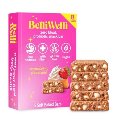 Belliwelli Soft Baked Probiotic Snack Bars | Gluten-Free, Dairy-Free, Vegan, Low-FODMAP | High-Fiber, Healthy &amp; Tasty | Strawberry Shortcake (8 Pack)