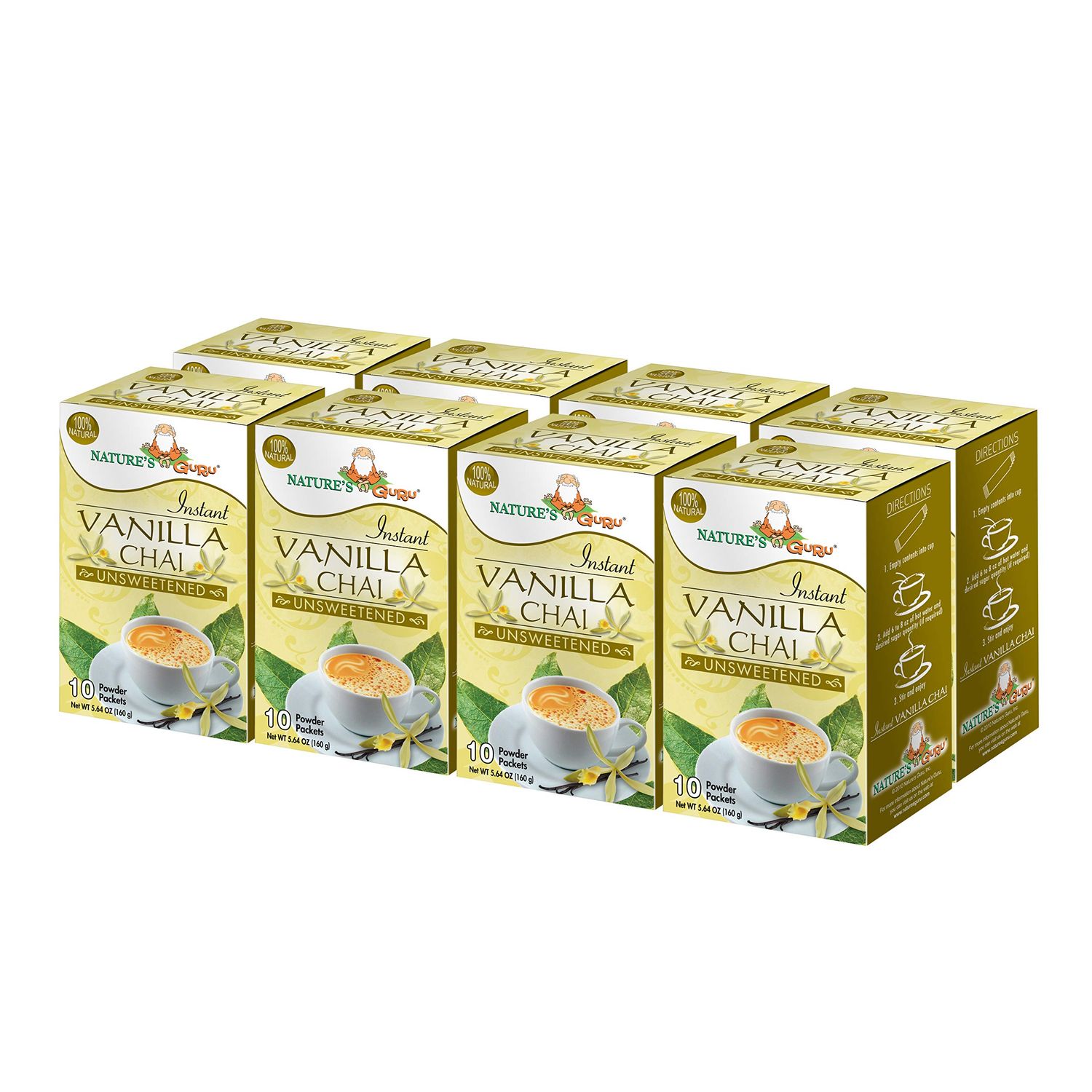 Nature&#39;s Guru Instant Vanilla Chai Tea Drink Mix Unsweetened 10 Count Single Serve On-the-Go Drink Packets (Pack of 8)