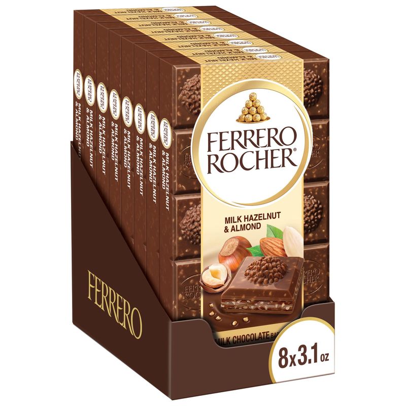 Ferrero Rocher Premium Chocolate Bars, 8 Pack, Milk Chocolate Hazelnut &amp; Almond, Luxury Chocolate, Individually Wrapped Holiday Treats, 3.1 oz Each